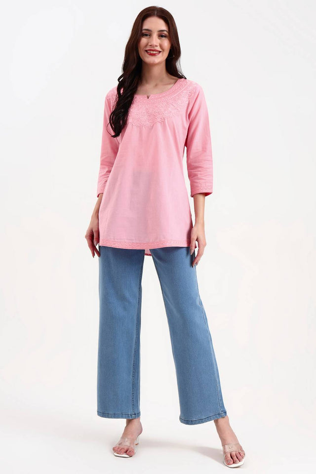 Pink Embroidered Cotton Tops & Tunics