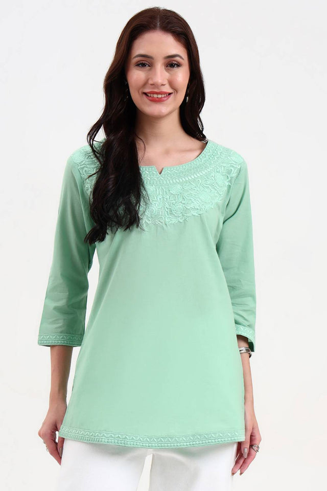 Sea Green Embroidered Cotton Tops & Tunics