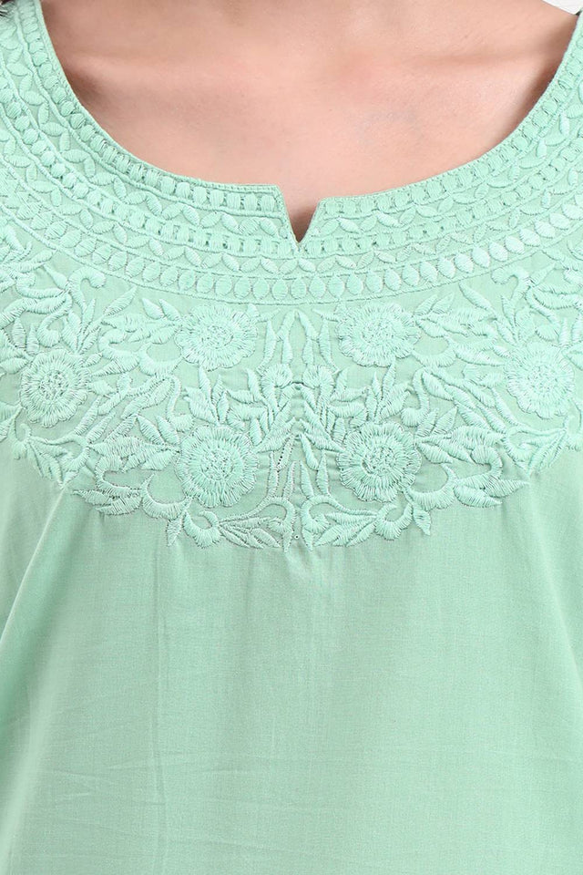 Sea Green Embroidered Cotton Tops & Tunics