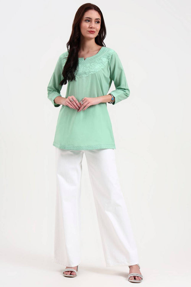 Sea Green Embroidered Cotton Tops & Tunics