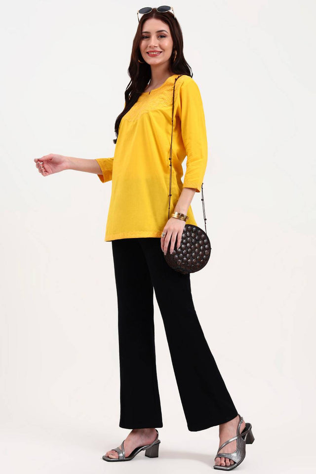 Yellow Embroidered Cotton Tops & Tunics