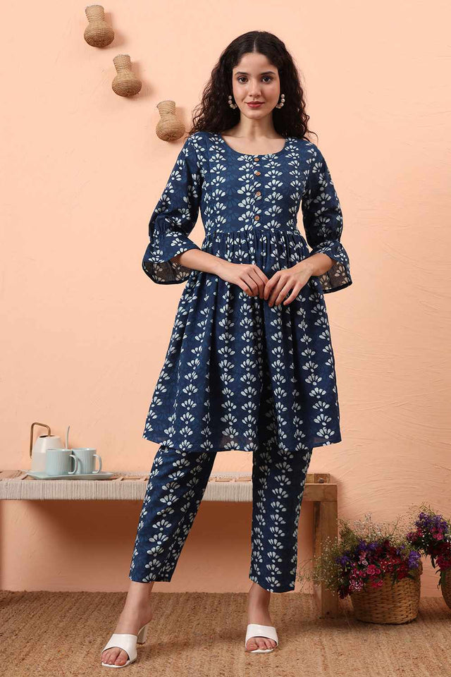 Blue Printed Cotton Kurti Pant Set