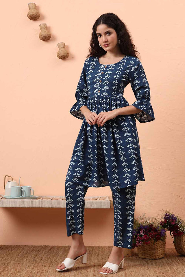 Blue Printed Cotton Kurti Pant Set
