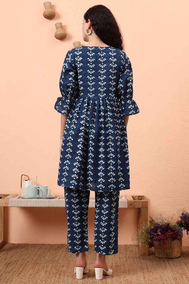 Blue Printed Cotton Kurti Pant Set