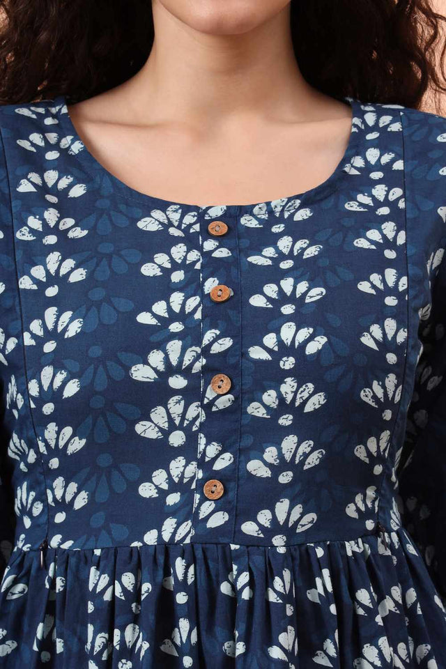 Blue Printed Cotton Kurti Pant Set