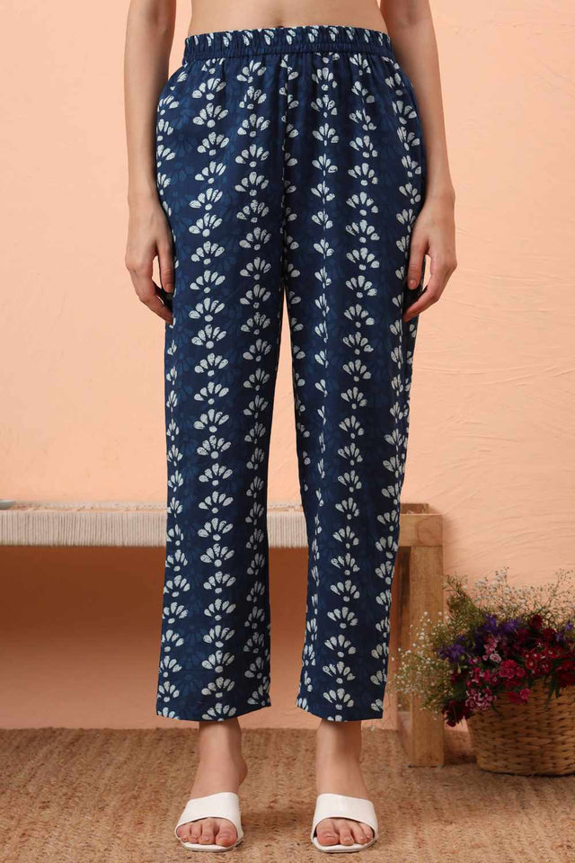 Blue Printed Cotton Kurti Pant Set