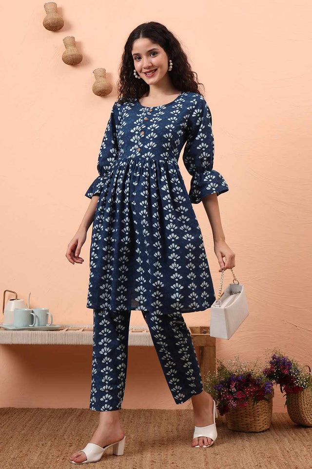 Blue Printed Cotton Kurti Pant Set