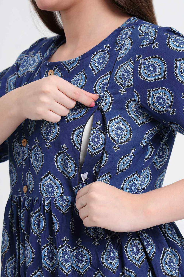 Blue Printed Cotton Kurti Pant Set