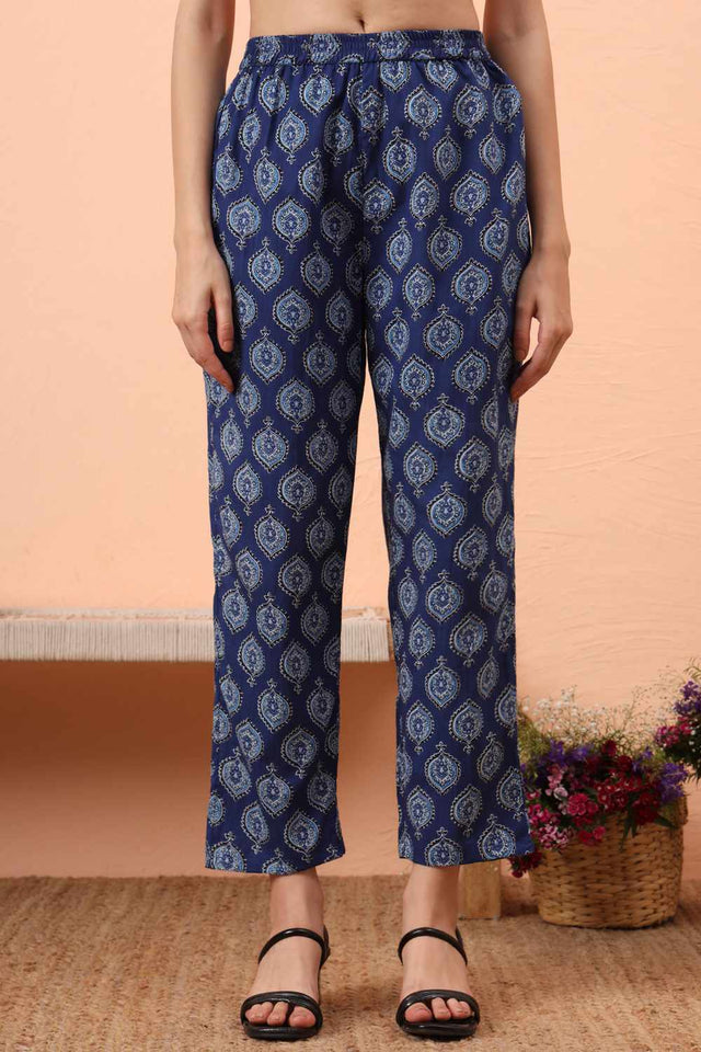 Blue Printed Cotton Kurti Pant Set