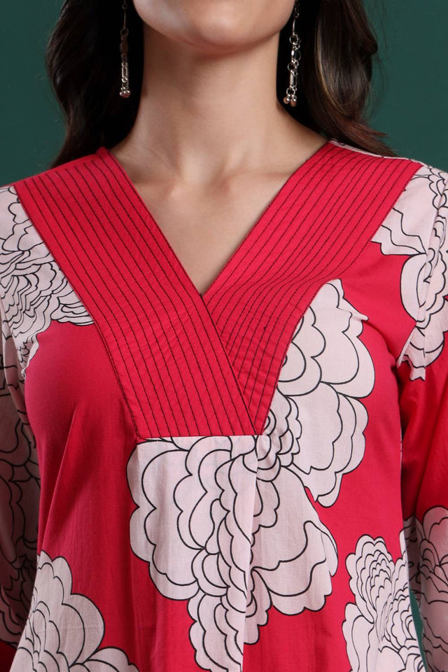Dark Pink Floral Printed Cotton Straight Cut Suit Set