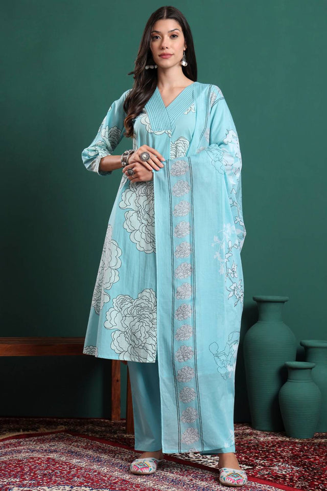 Blue Floral Printed Cotton Straight Cut Suit Set