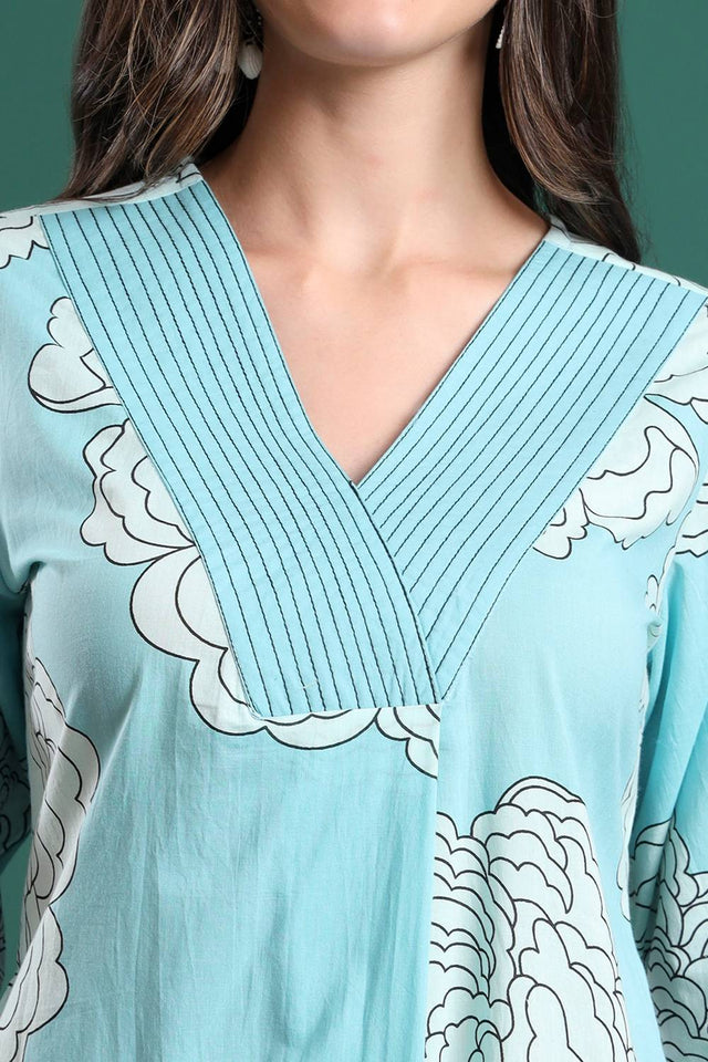 Blue Floral Printed Cotton Straight Cut Suit Set