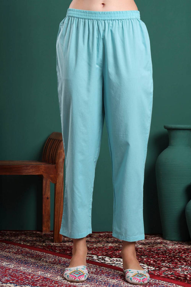 Blue Floral Printed Cotton Straight Cut Suit Set