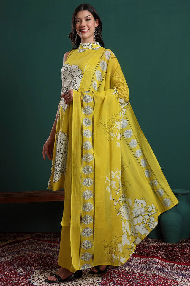 Mustard Floral Printed Cotton Palazzo Suit Set