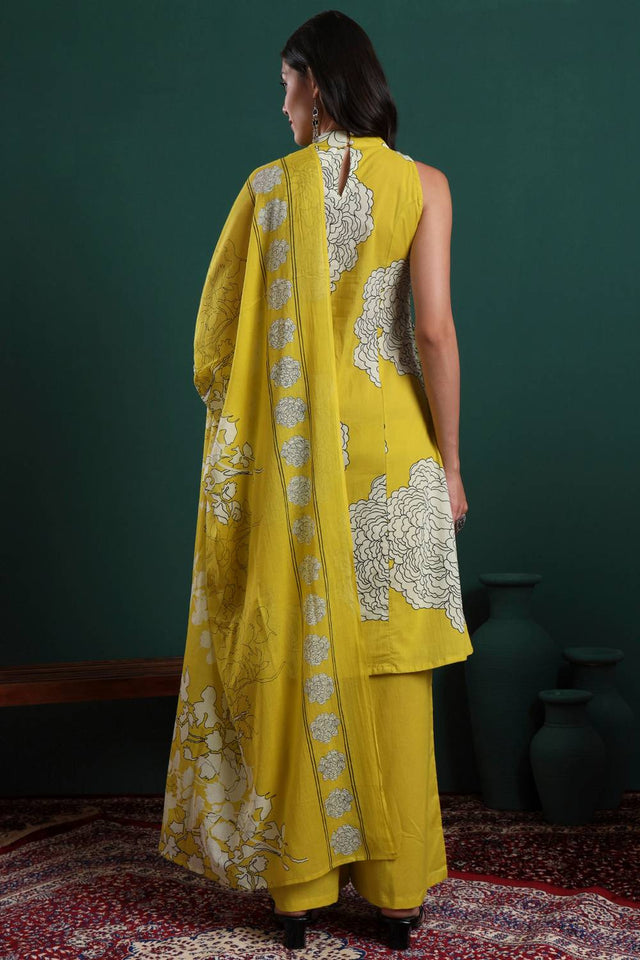 Mustard Floral Printed Cotton Palazzo Suit Set