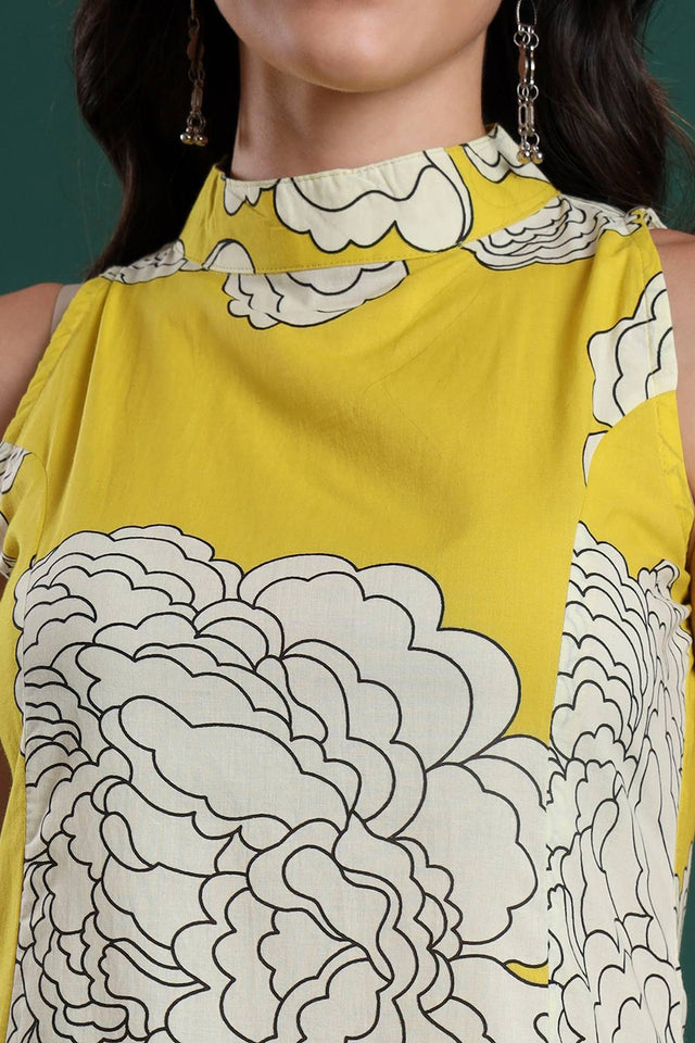 Mustard Floral Printed Cotton Palazzo Suit Set