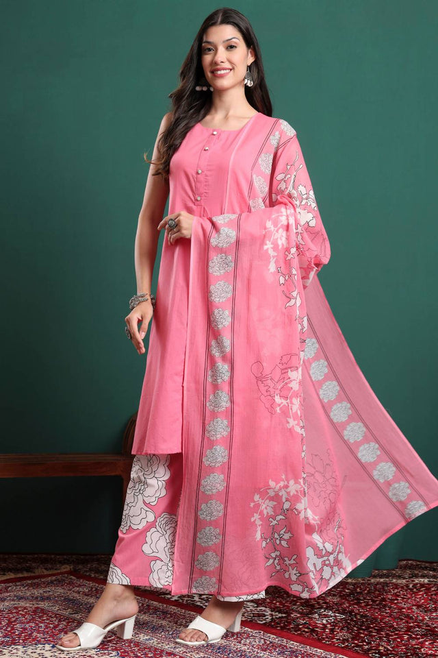 Pink Solid Cotton Palazzo Suit Set
