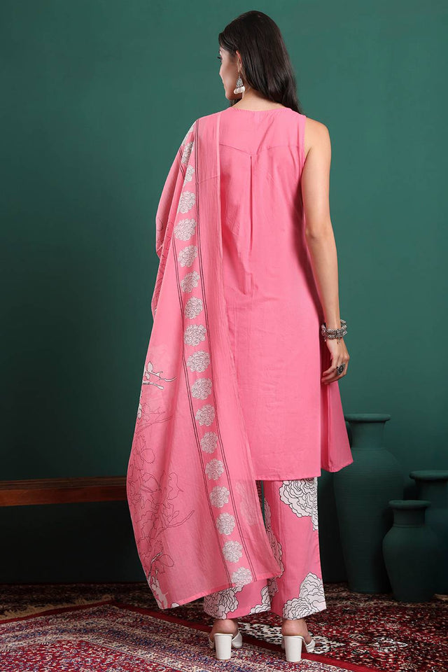Pink Solid Cotton Palazzo Suit Set