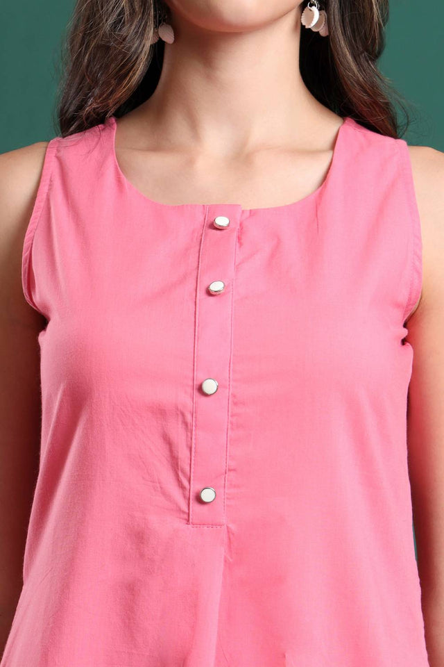 Pink Solid Cotton Palazzo Suit Set