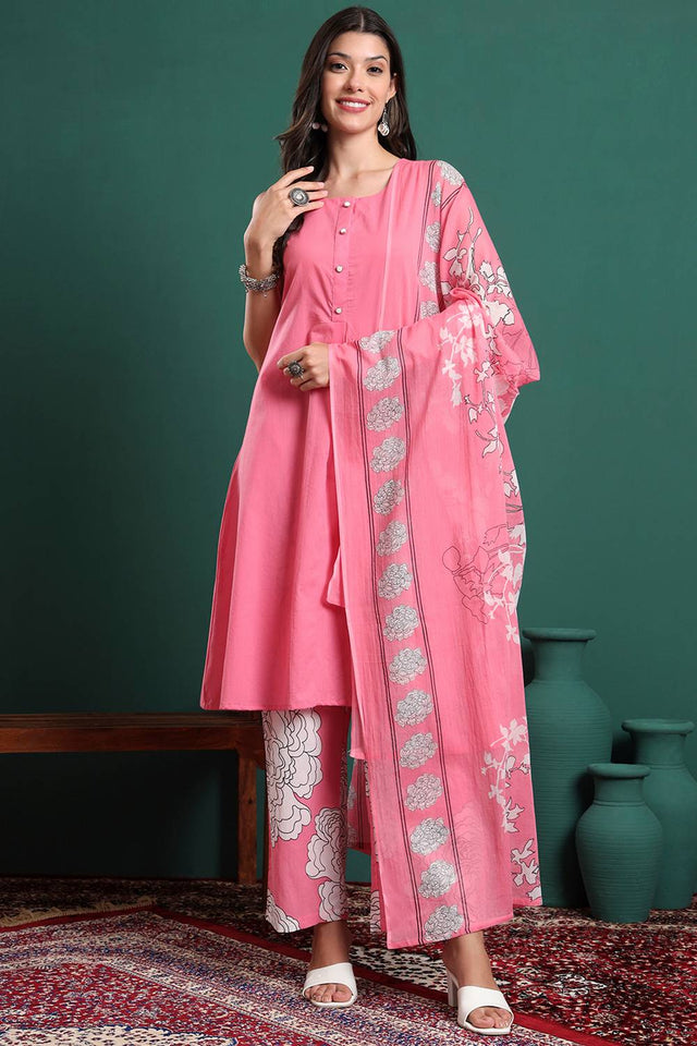 Pink Solid Cotton Palazzo Suit Set