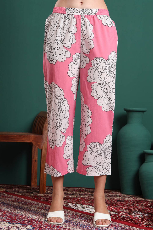 Pink Solid Cotton Palazzo Suit Set