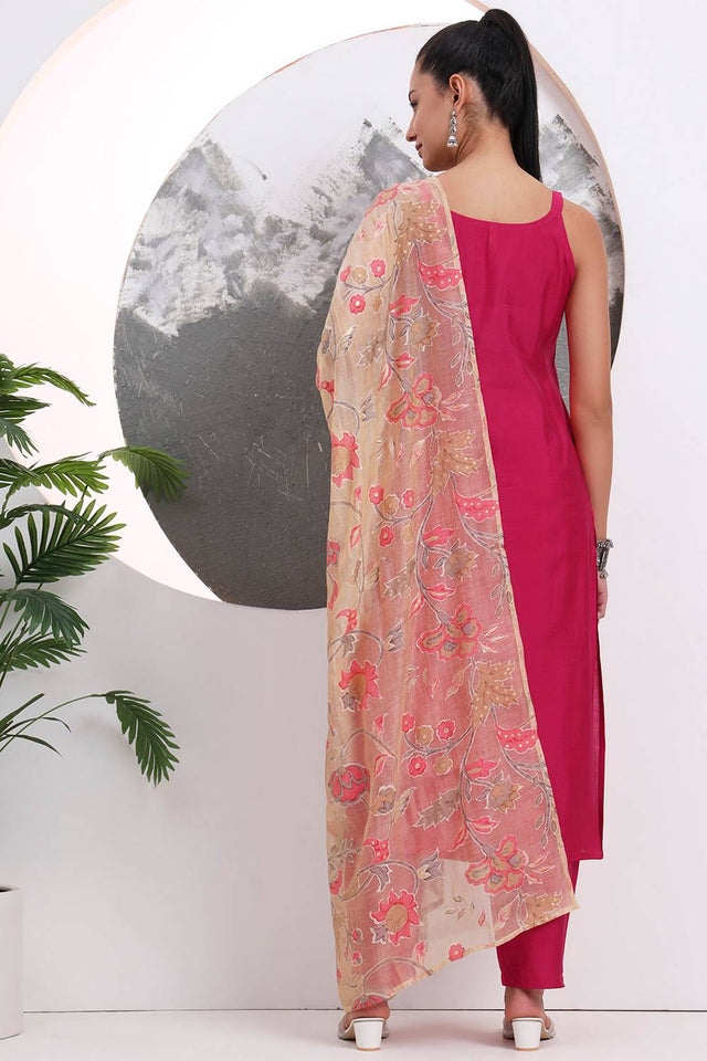 Pink Solid Silk Blend Straight Cut Suit Set