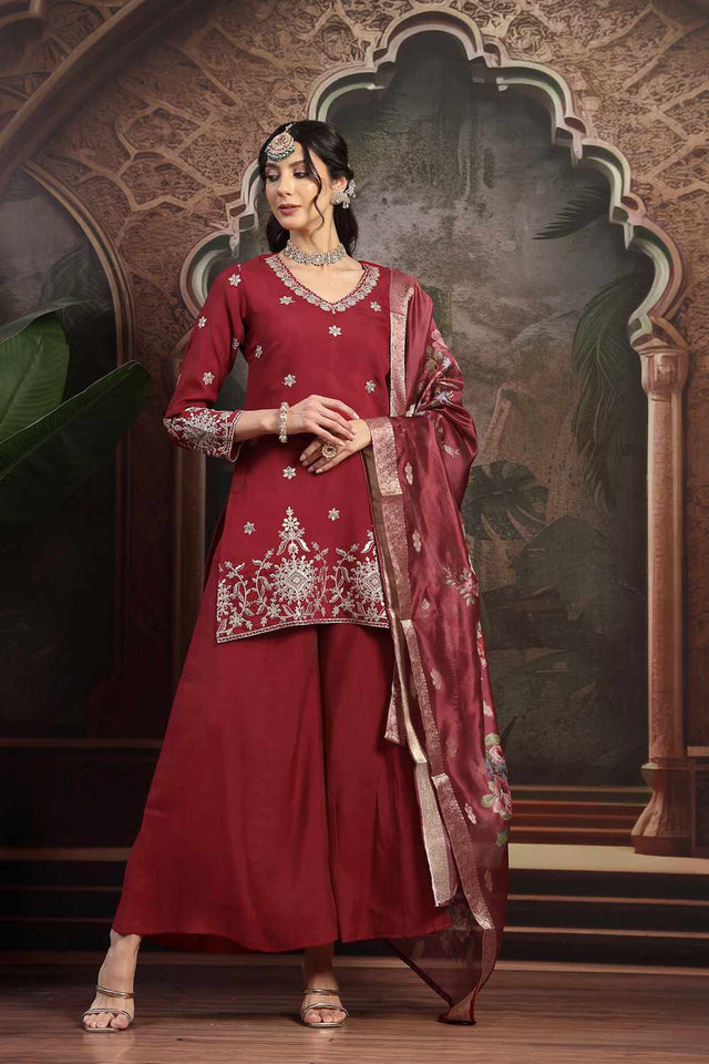 Maroon Embroidery Chanderi Silk Kurti Palazzo Set
