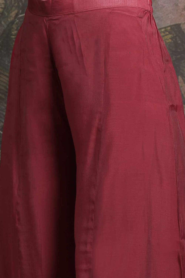 Maroon Embroidery Chanderi Silk Kurti Palazzo Set