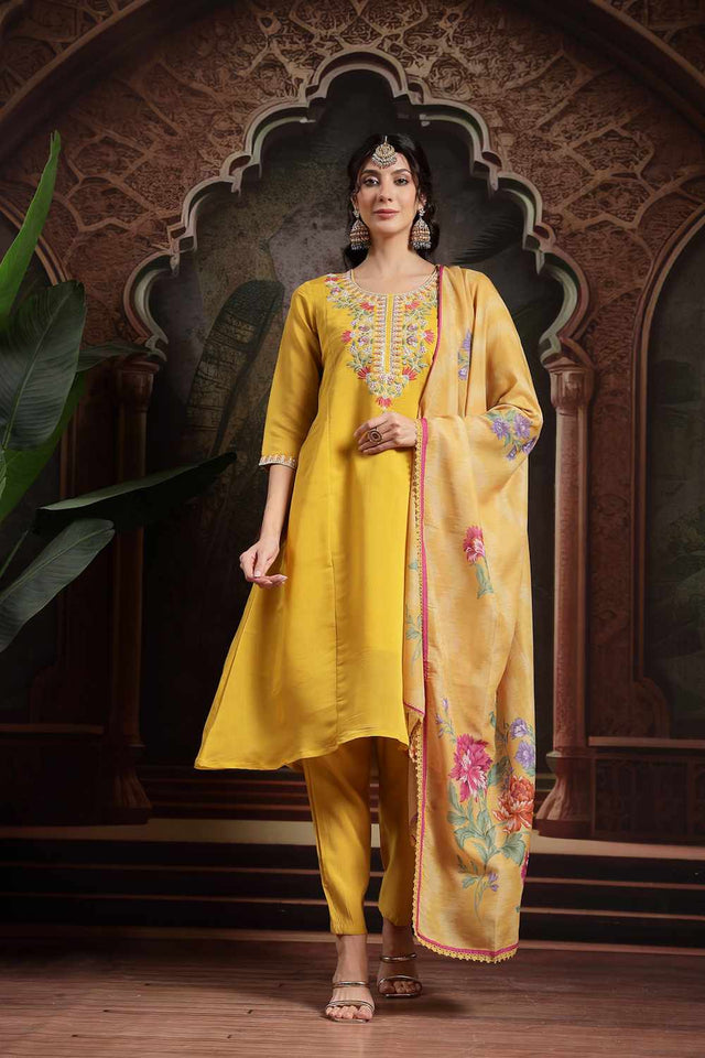 Yellow Embroidery Chanderi Silk Kurti Pant Set