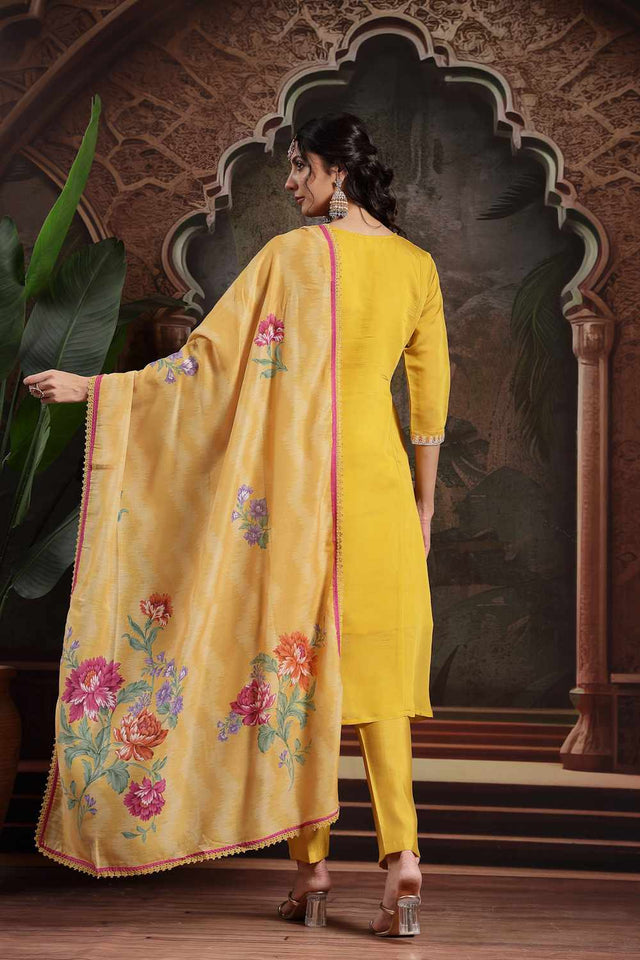 Yellow Embroidery Chanderi Silk Kurti Pant Set