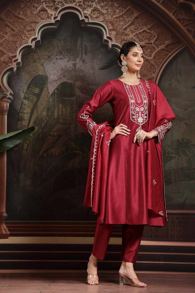 Maroon Thread Work Silk Blend Kurti Pant Set