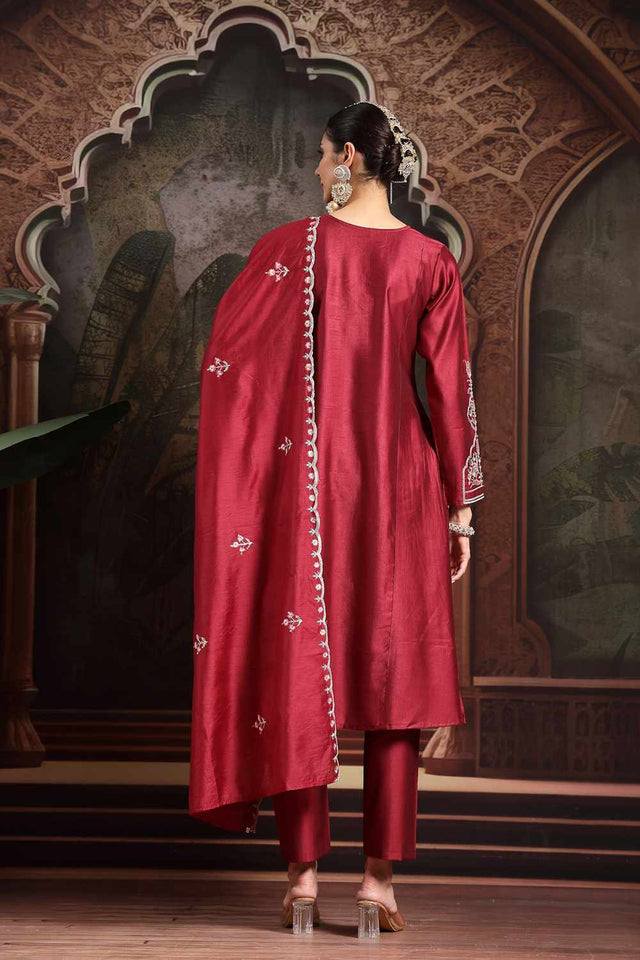 Maroon Thread Work Silk Blend Kurti Pant Set