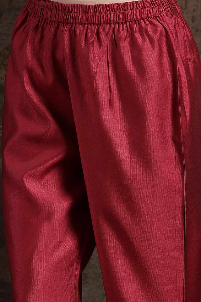 Maroon Thread Work Silk Blend Kurti Pant Set