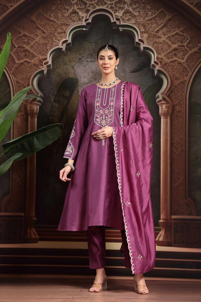 Violet Thread Work Silk Blend Kurti Pant Set