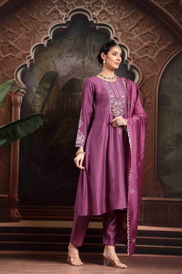 Violet Thread Work Silk Blend Kurti Pant Set