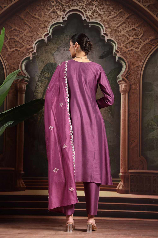 Violet Thread Work Silk Blend Kurti Pant Set
