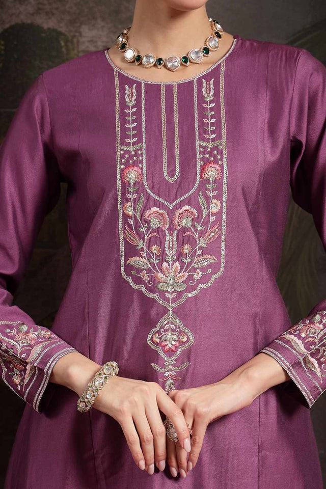 Violet Thread Work Silk Blend Kurti Pant Set