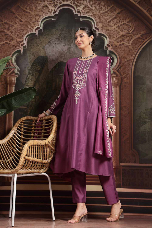 Violet Thread Work Silk Blend Kurti Pant Set