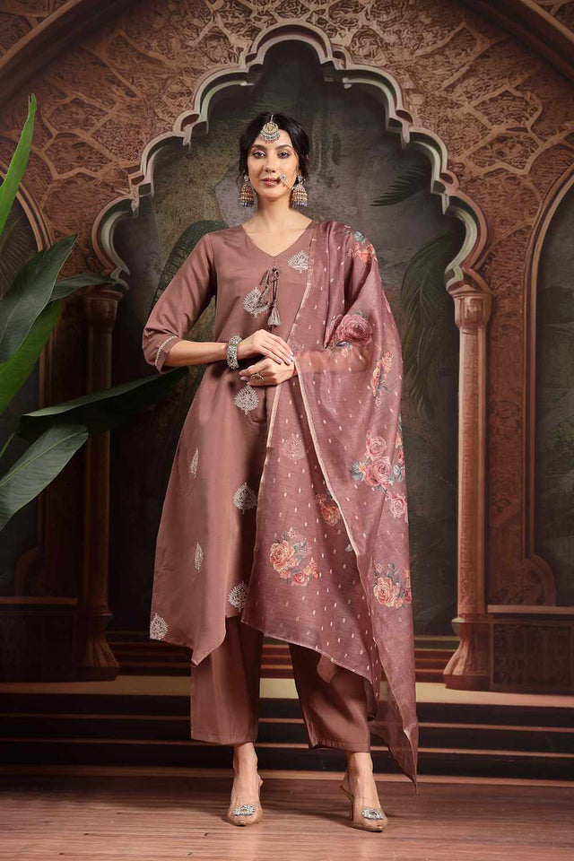 Brown Zari Work Silk Blend Kurti Pant Set