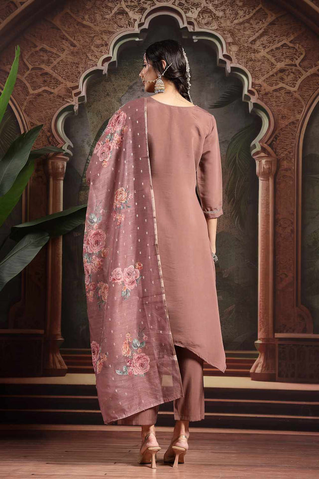 Brown Zari Work Silk Blend Kurti Pant Set