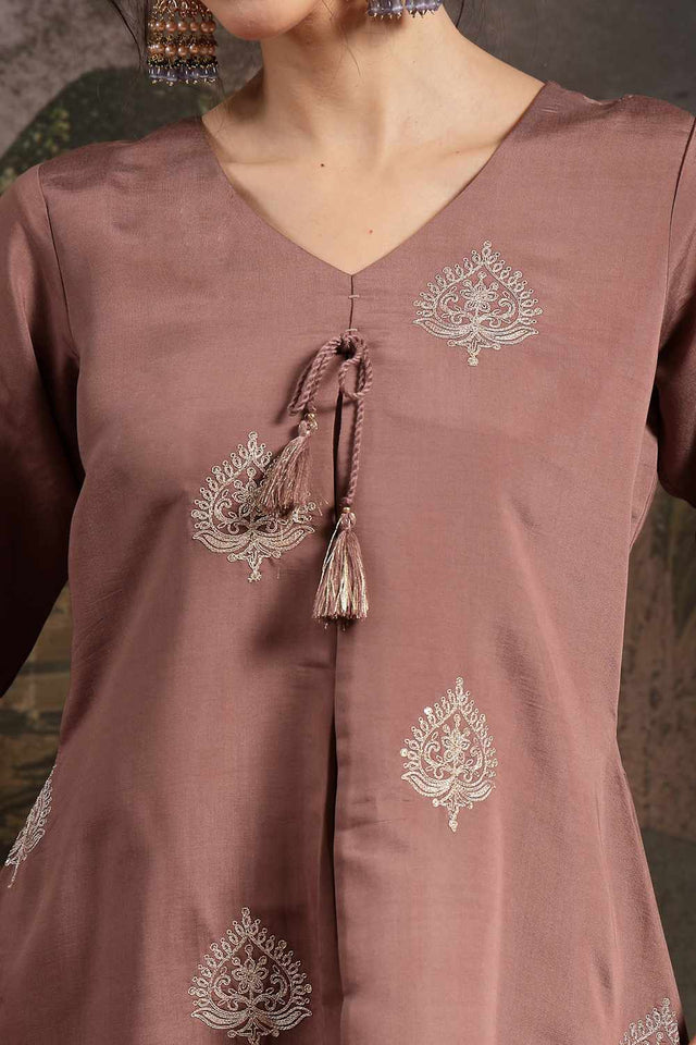 Brown Zari Work Silk Blend Kurti Pant Set