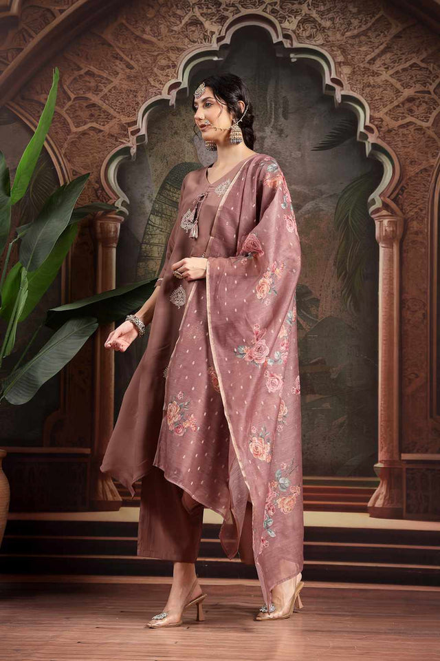 Brown Zari Work Silk Blend Kurti Pant Set