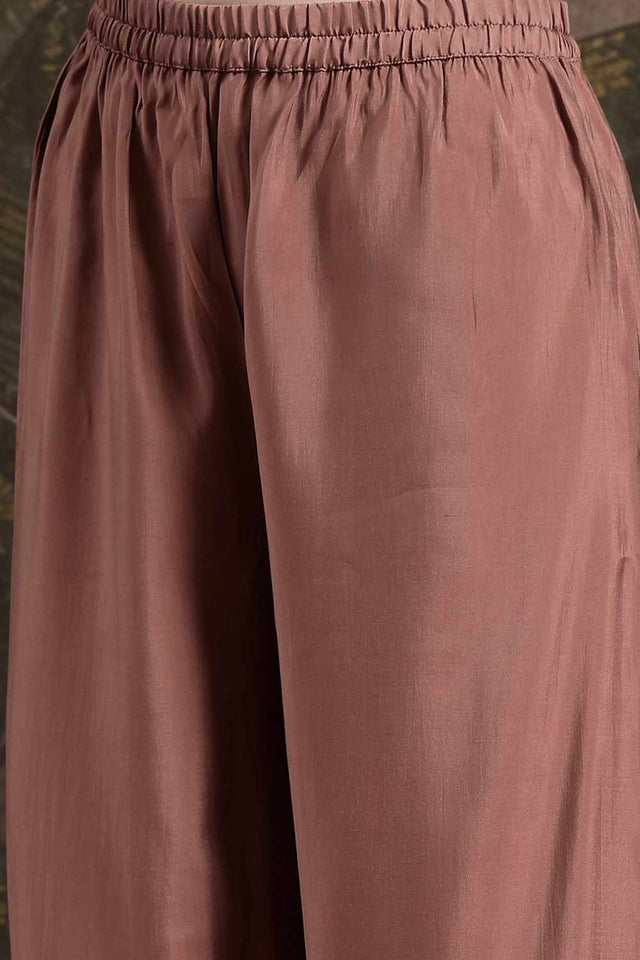 Brown Zari Work Silk Blend Kurti Pant Set