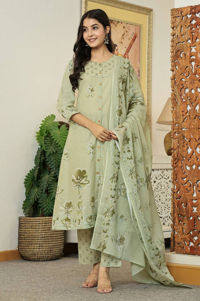 Green Floral Printed Cotton Straight Cut Suit Set