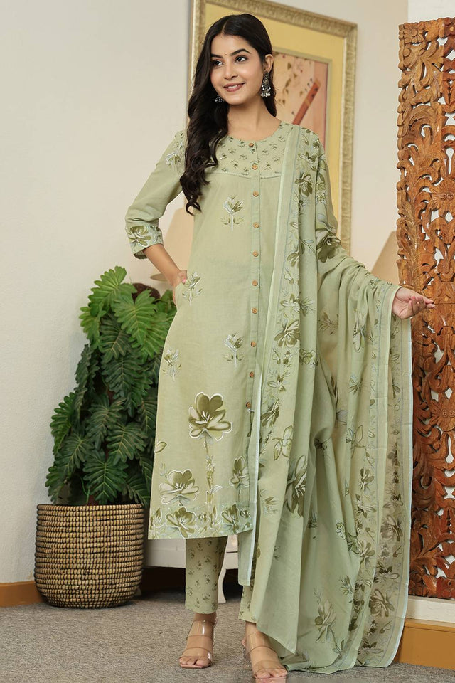 Green Floral Printed Cotton Straight Cut Suit Set