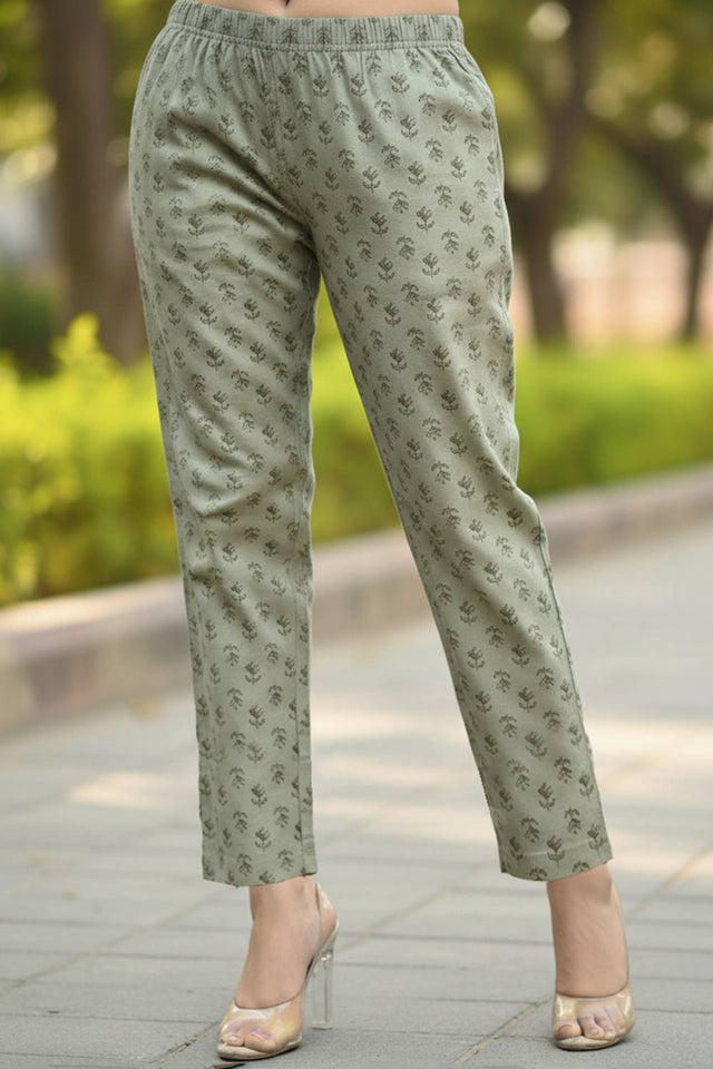 Green Floral Printed Cotton Straight Cut Suit Set