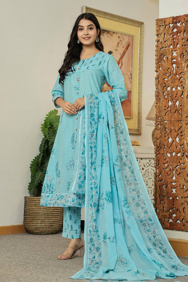 Blue Floral Printed Cotton Straight Cut Suit Set