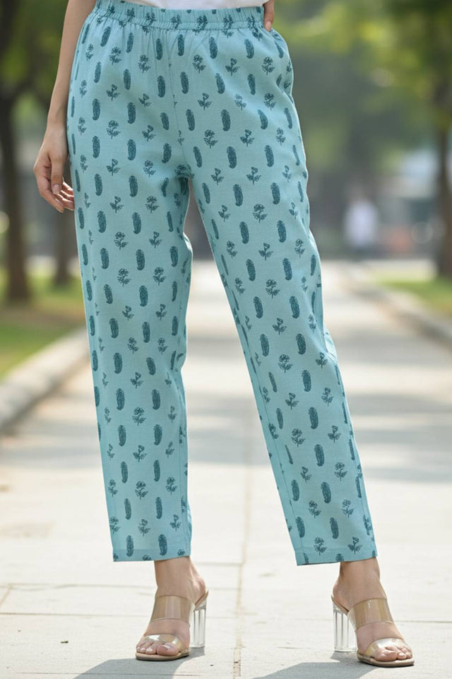 Blue Floral Printed Cotton Straight Cut Suit Set