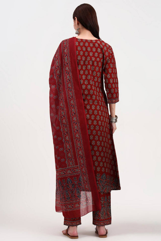 Rust Floral Printed Cotton Straight Cut Suit Set