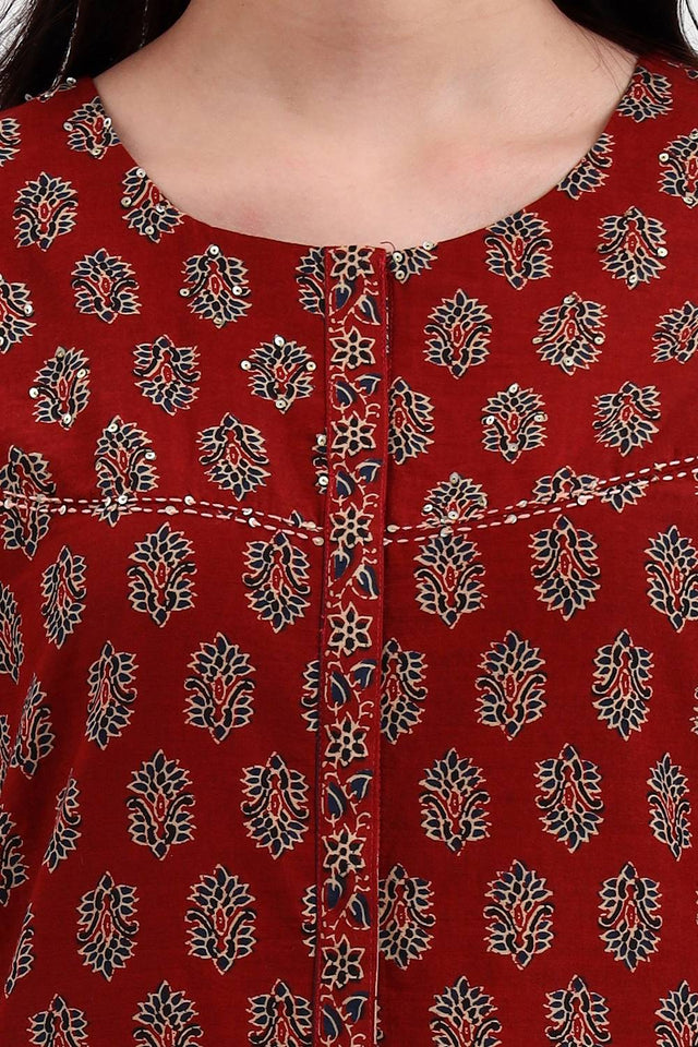 Rust Floral Printed Cotton Straight Cut Suit Set